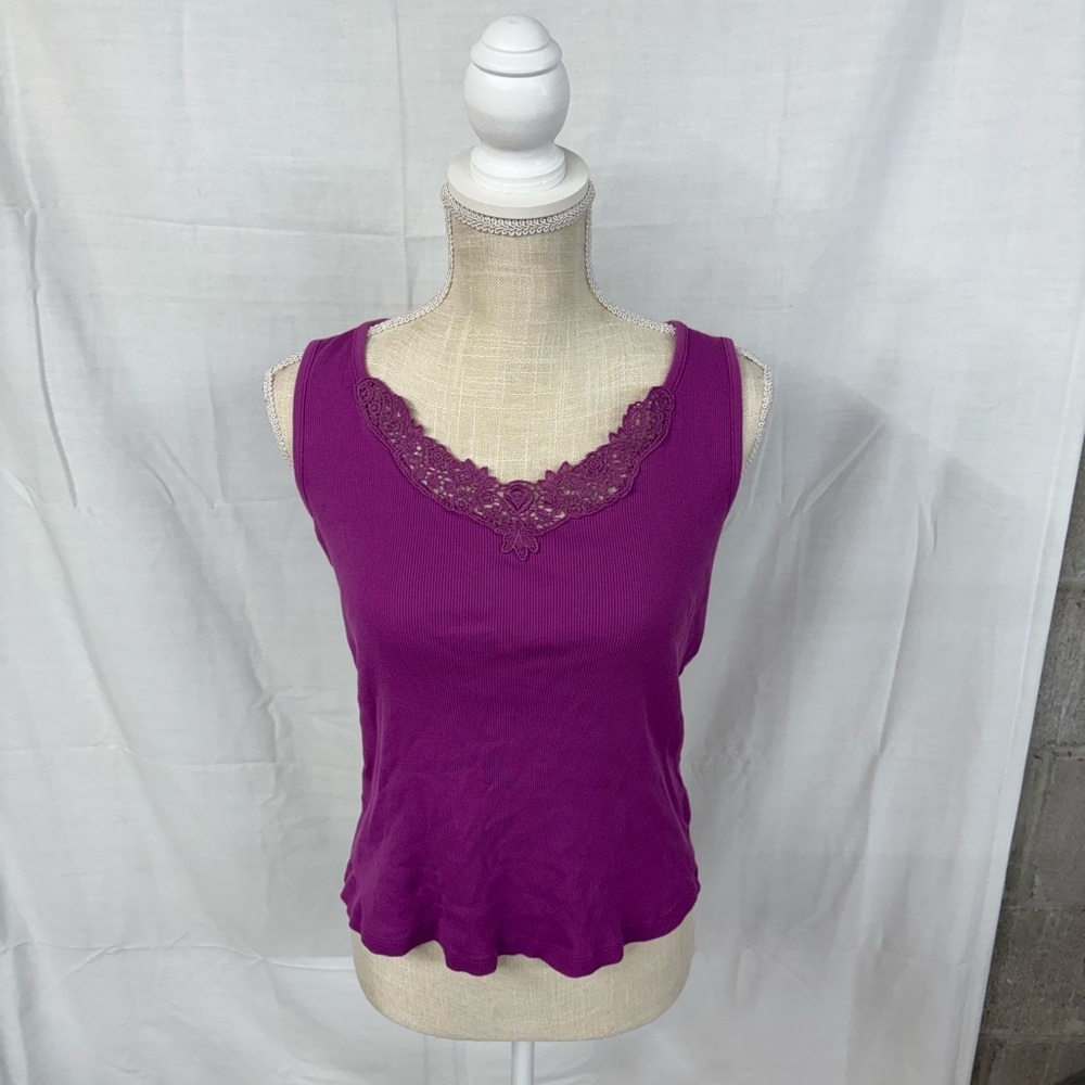 Y2K 90s Ralph Lauren Women's Purple Lace-Trim Tank Top Ribbed Knit